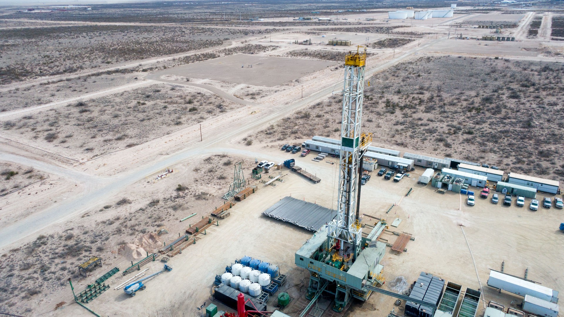 Drone View Of An Oil Or Gas Drill Fracking Rig Pad